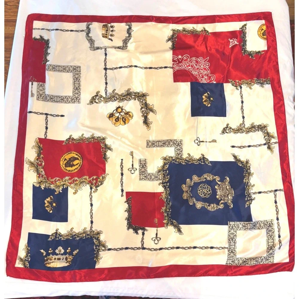 Vintage Style Square Silk Feel Scarf Red Navy Blue Gold Chain‎ Print 35x35